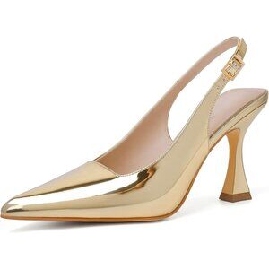 Women's Gold  Chunky Closed Pointy Toe Elegant Stylish Buckle High Heel  Pump